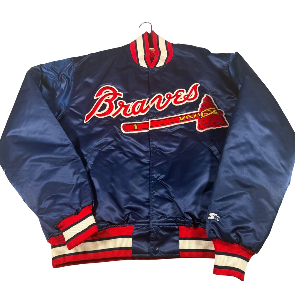 Starter Atlanta Braves Satin Jacket Men XL Blue Diamond Collection Vintage READ